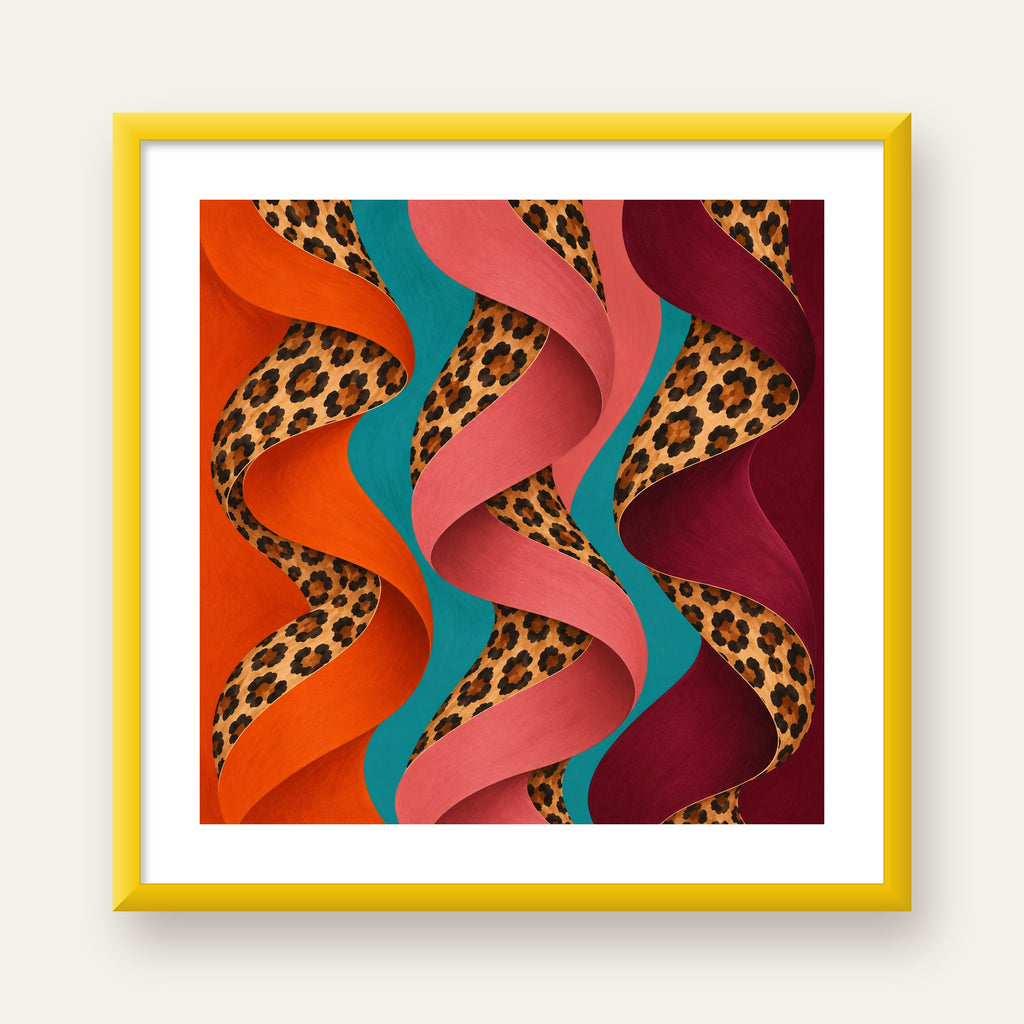 Leopar Desenli Soyut Şeritler Dijital Poster — sarı çerçeveli paspartulu