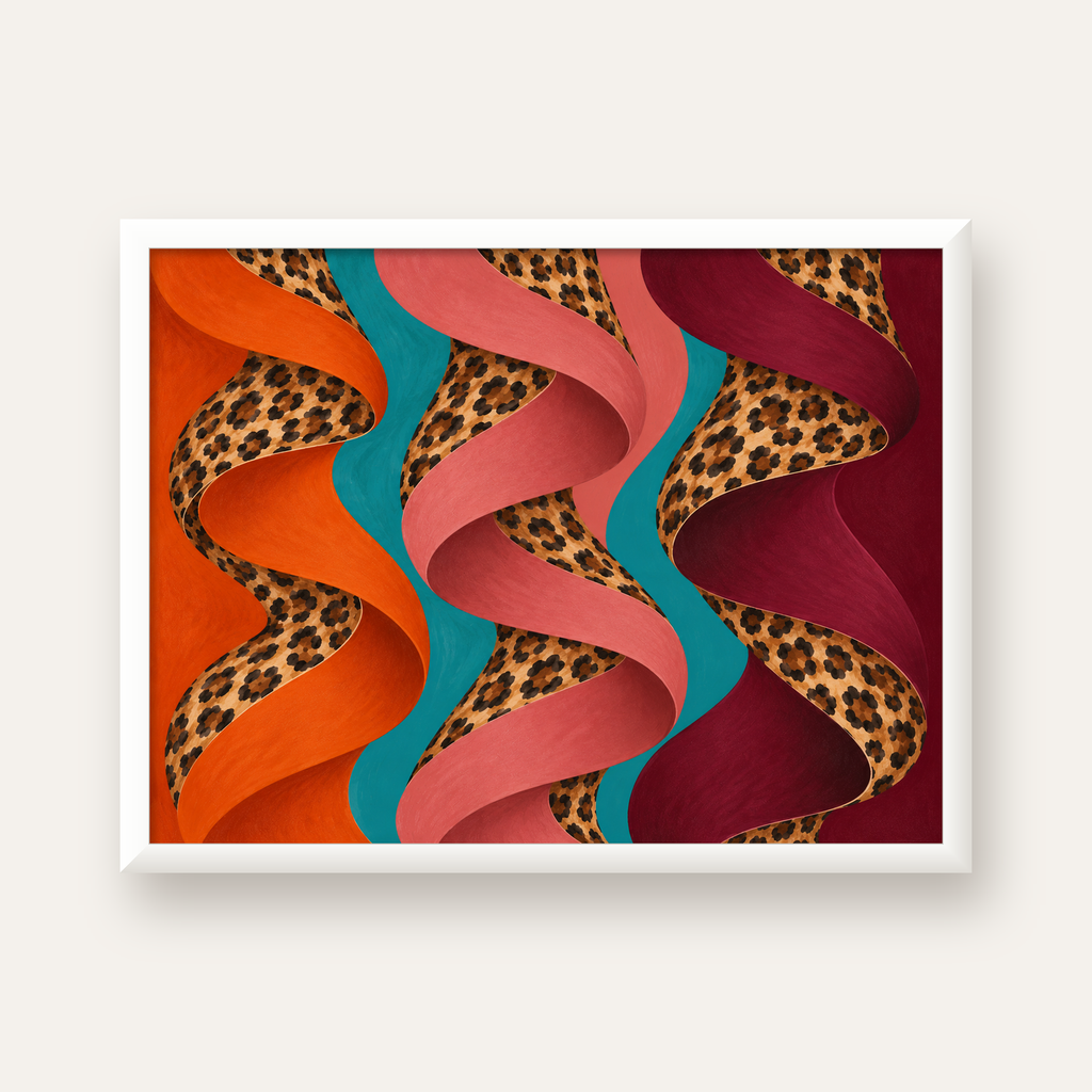 Leopar Desenli Soyut Şeritler Dijital Poster — beyaz çerçeveli yatay poster