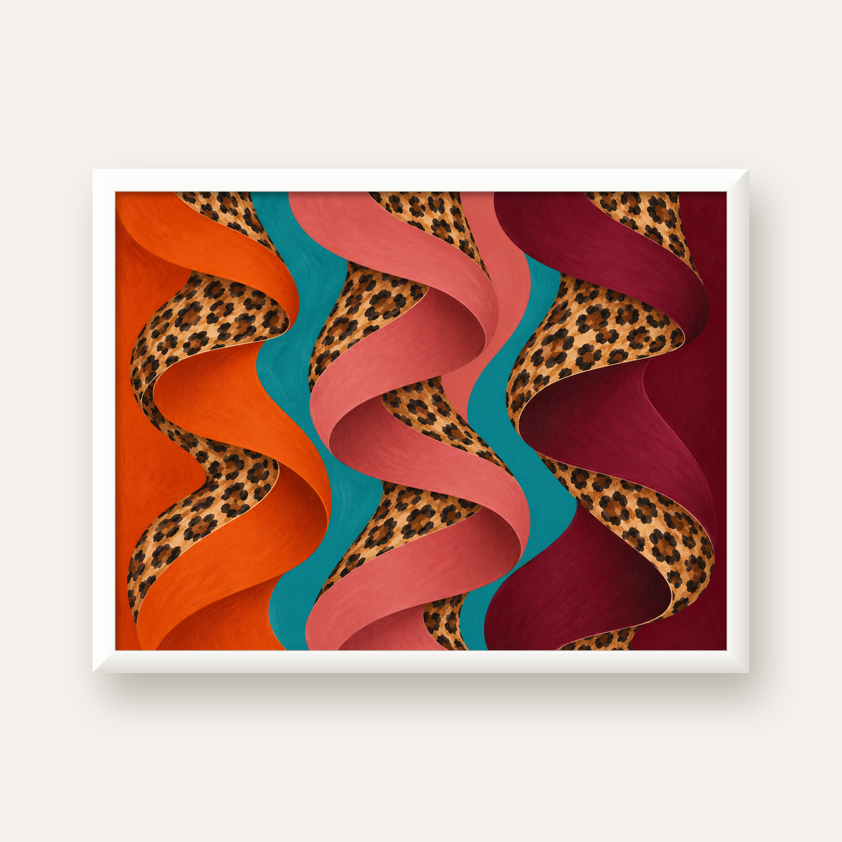 Leopar Desenli Soyut Şeritler Dijital Poster — beyaz çerçeveli yatay poster