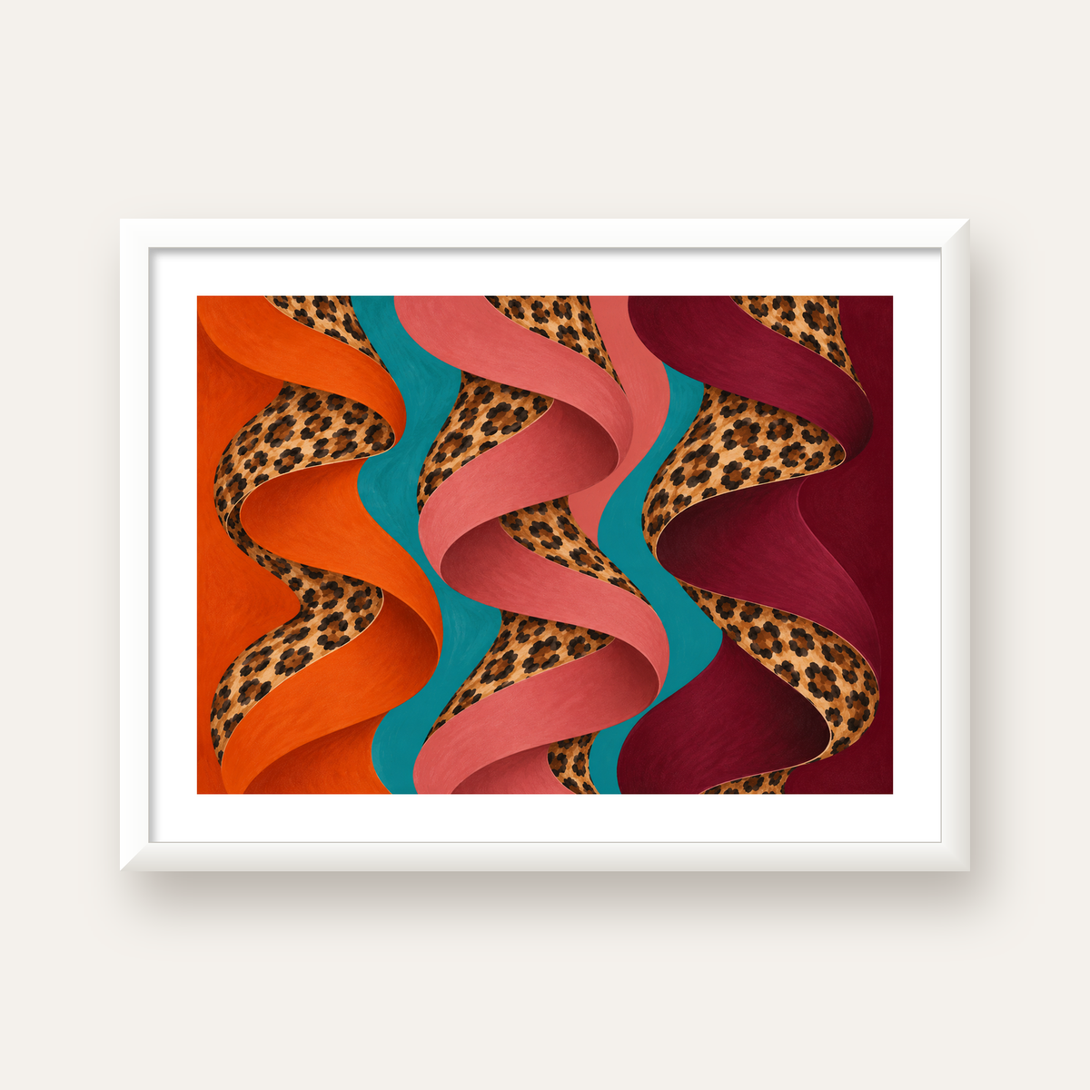 Leopar Desenli Soyut Şeritler Dijital Poster — beyaz çerçeveli yatay poster