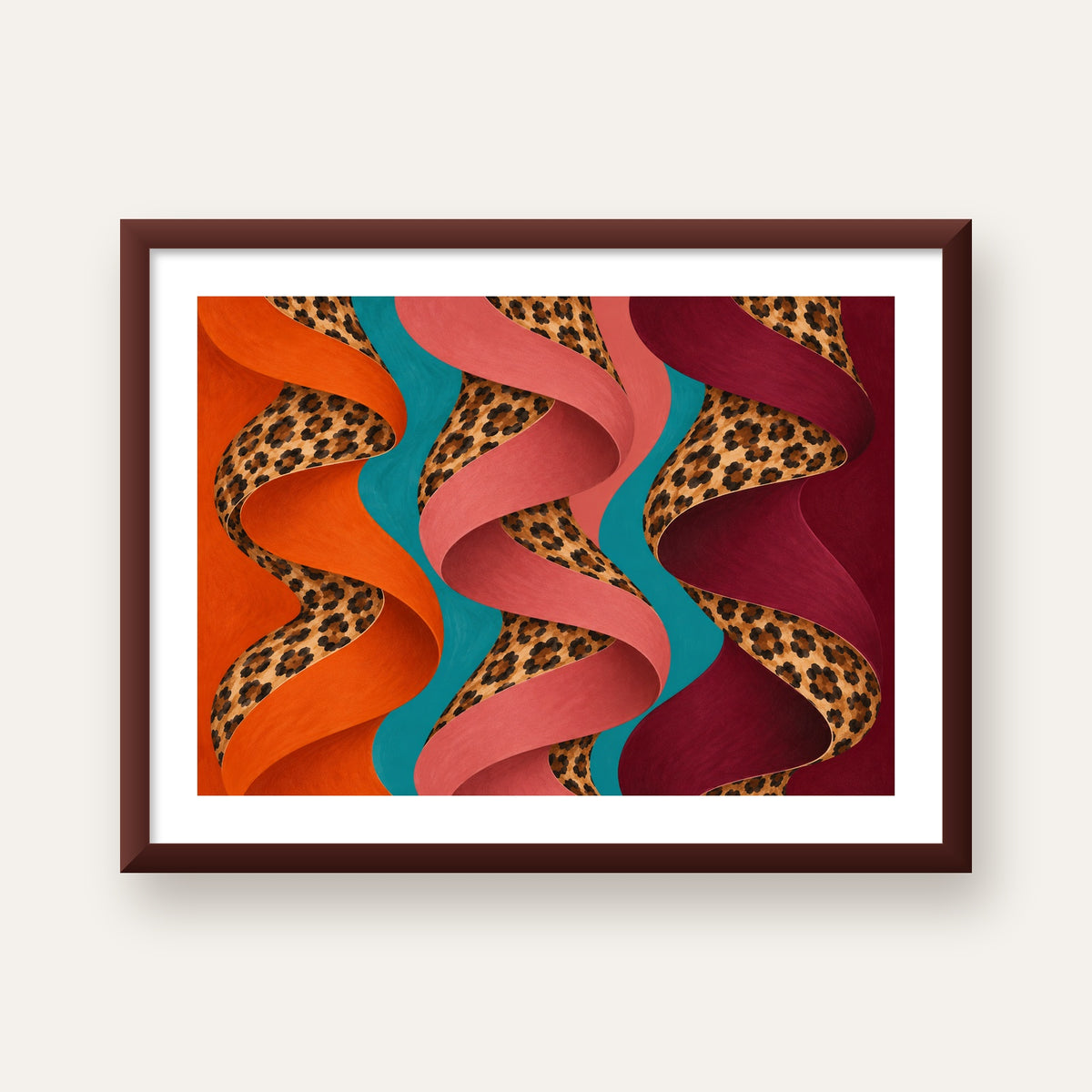 Leopar Desenli Soyut Şeritler Dijital Poster — ceviz çerçeveli paspartulu