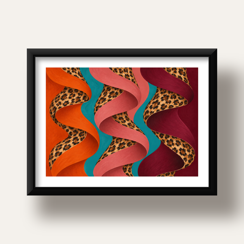 Leopar Desenli Soyut Şeritler Dijital Poster — siyah derin çerçeveli paspartulu