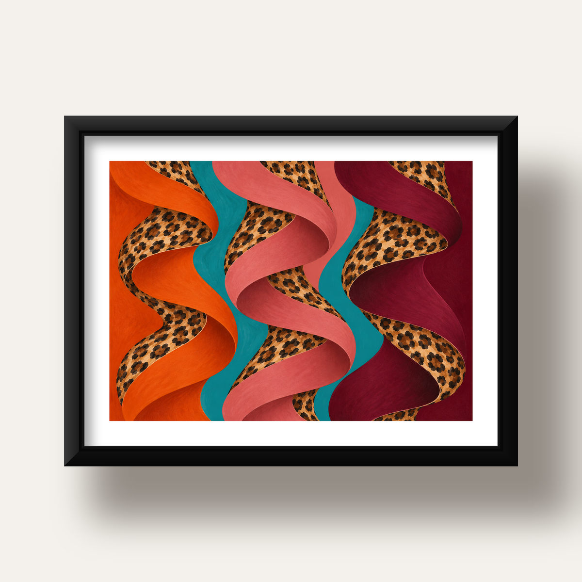 Leopar Desenli Soyut Şeritler Dijital Poster — siyah derin çerçeveli paspartulu