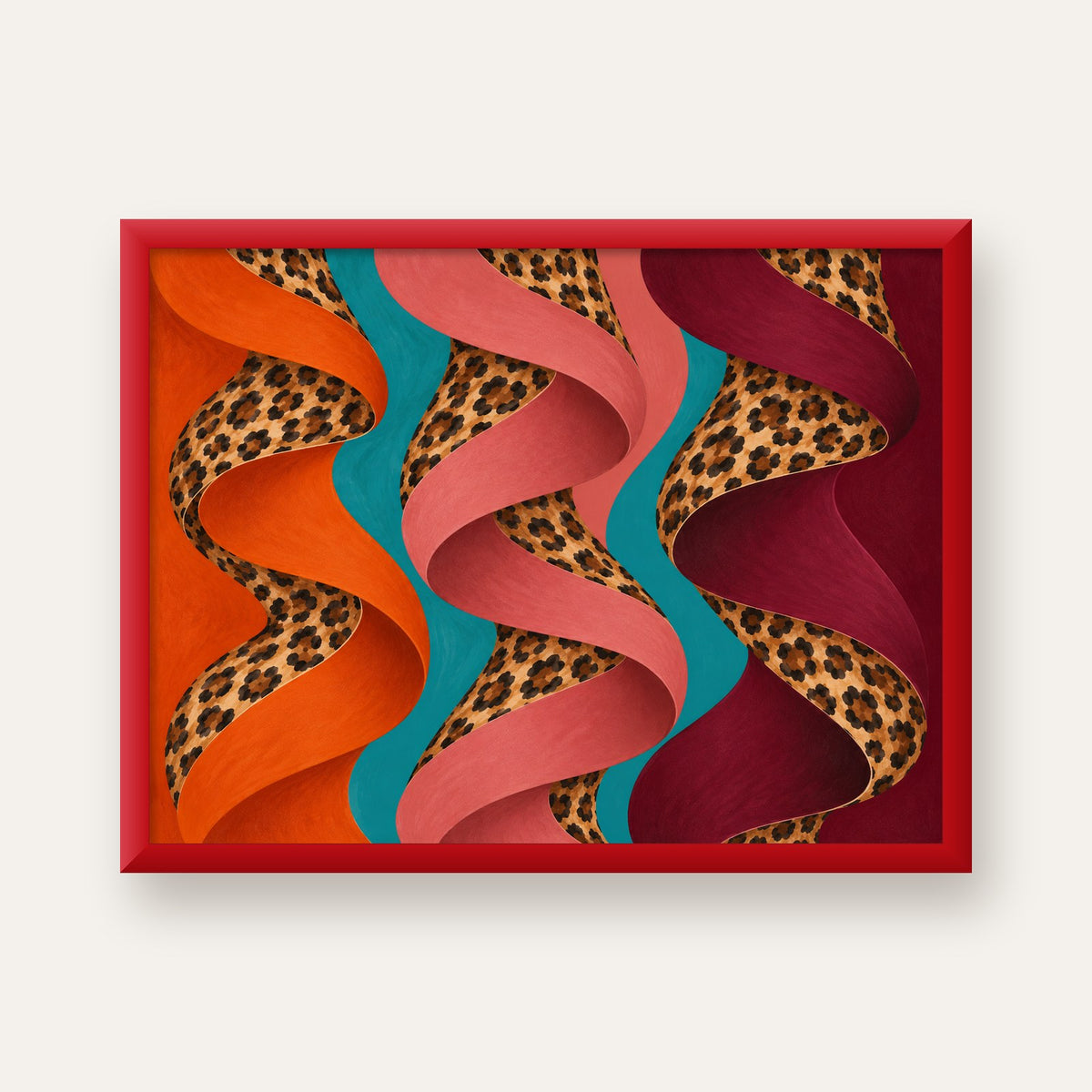 Leopar Desenli Soyut Şeritler Dijital Poster — kırmızı çerçeveli