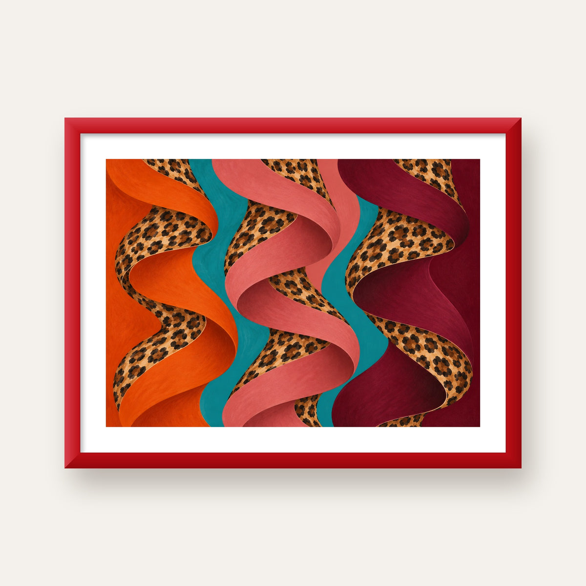 Leopar Desenli Soyut Şeritler Dijital Poster — kırmızı çerçeveli paspartulu