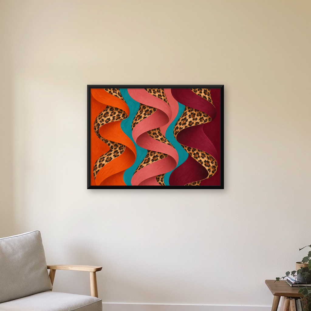 Leopar Desenli Soyut Şeritler Dijital Poster — Yatay baskı, çerçeveli hâliyle bir ev duvarında