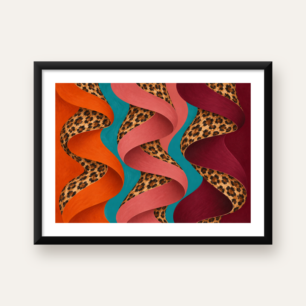 Leopar Desenli Soyut Şeritler Dijital Poster — Yatay baskı, beyaz paspartulu