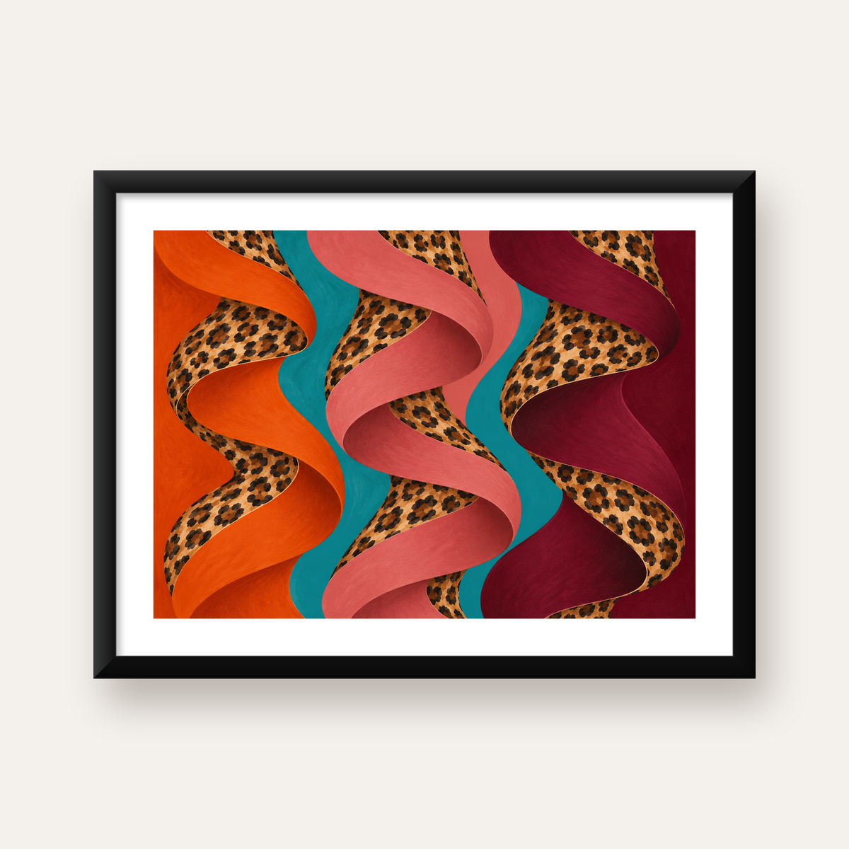 Leopar Desenli Soyut Şeritler Dijital Poster — Yatay baskı, beyaz paspartulu