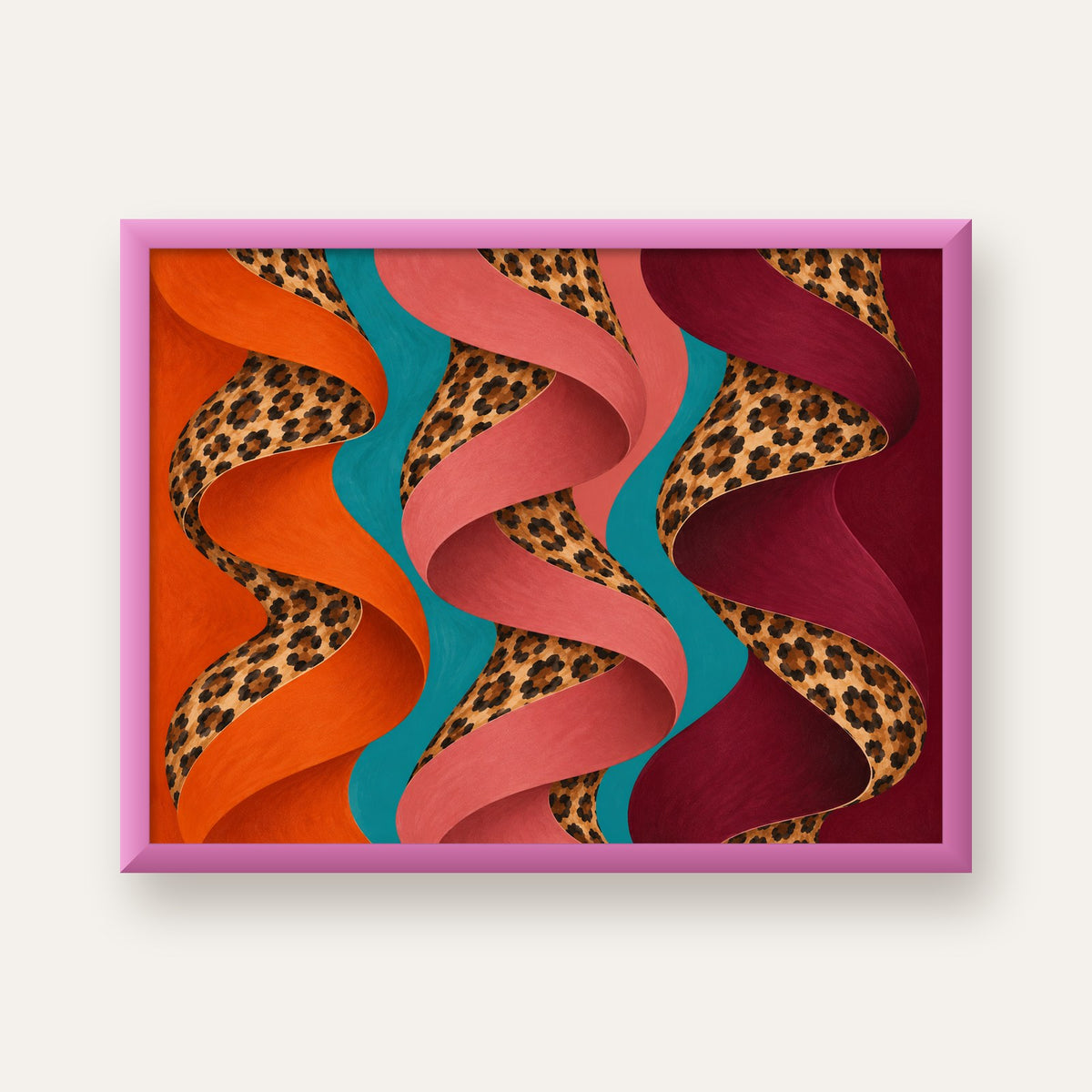 Leopar Desenli Soyut Şeritler Dijital Poster — pembe çerçeveli