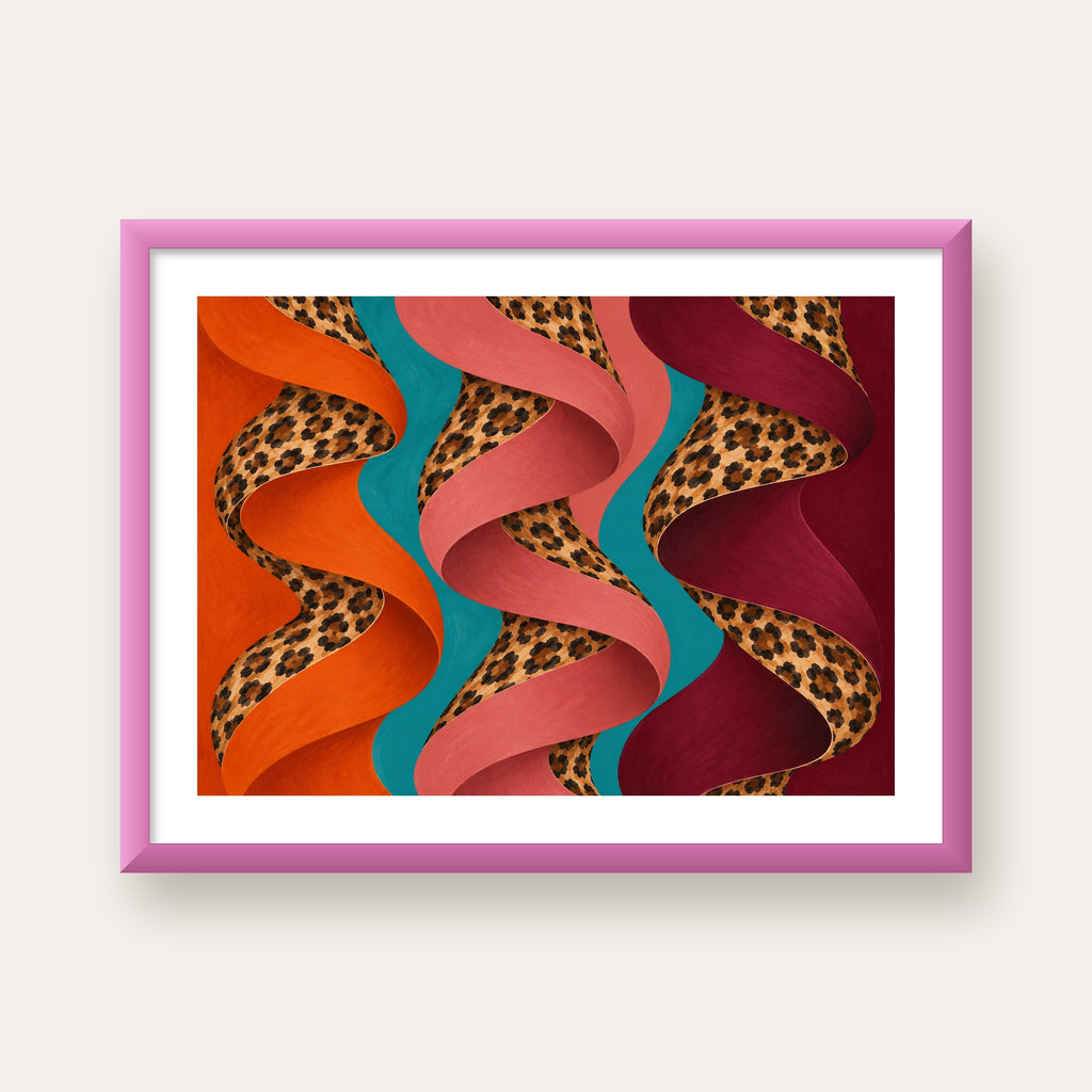 Leopar Desenli Soyut Şeritler Dijital Poster — pembe çerçeveli paspartulu