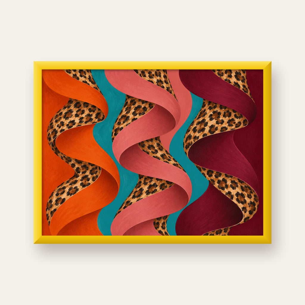 Leopar Desenli Soyut Şeritler Dijital Poster — sarı çerçeveli