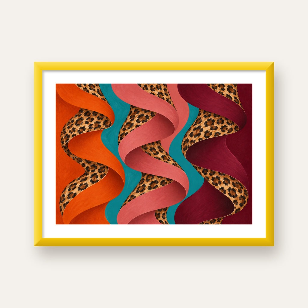 Leopar Desenli Soyut Şeritler Dijital Poster — sarı çerçeveli paspartulu