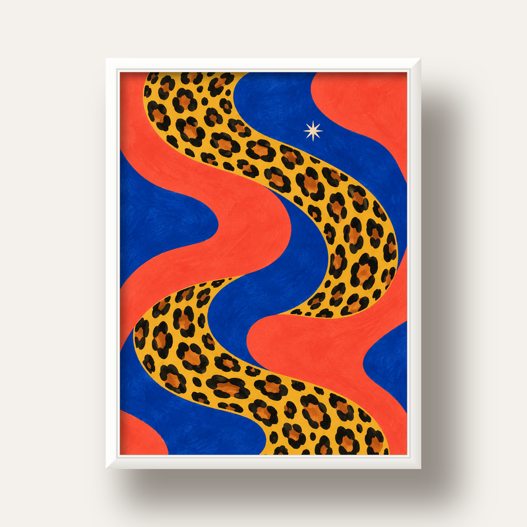 Leopar Desenli Abstrakt Yol Poster – Canlı Renkli Modern Sanat — beyaz derin çerçeveli