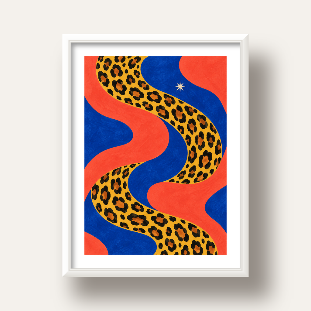 Leopar Desenli Abstrakt Yol Poster – Canlı Renkli Modern Sanat — beyaz derin çerçeveli paspartulu