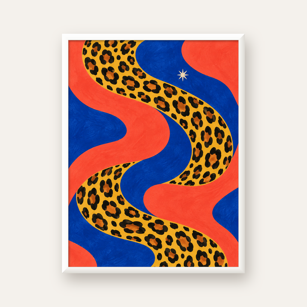 Leopar Desenli Abstrakt Yol Poster – Canlı Renkli Modern Sanat — beyaz çerçeveli dikey poster