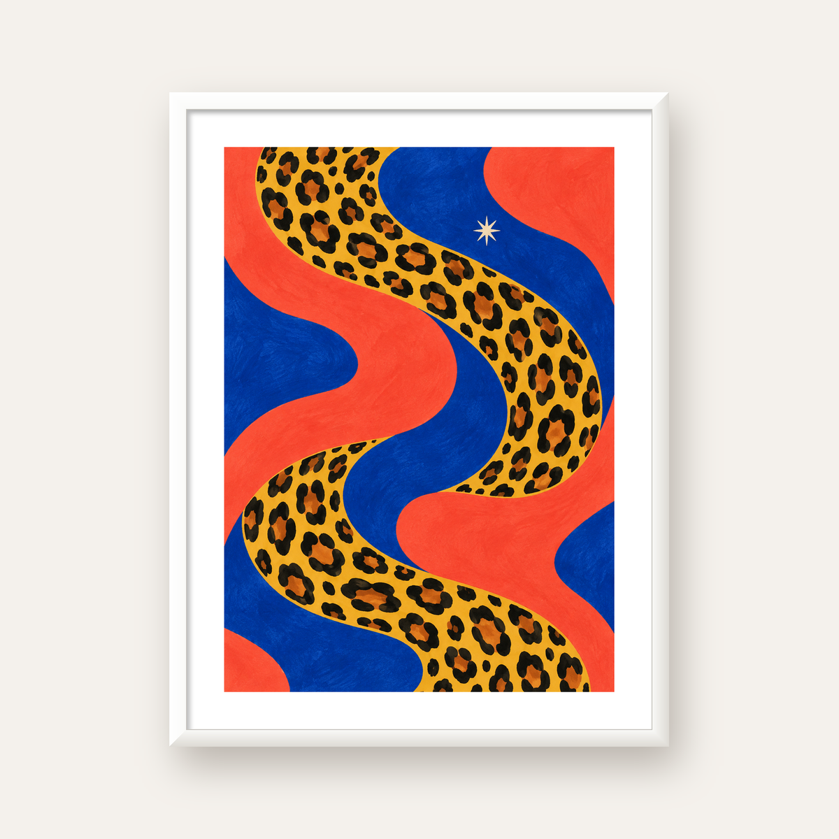 Leopar Desenli Abstrakt Yol Poster – Canlı Renkli Modern Sanat — beyaz çerçeveli dikey poster