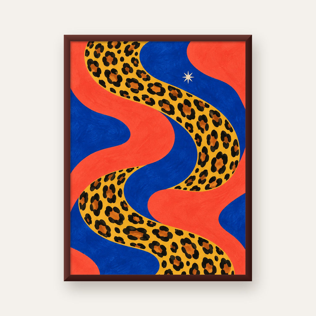 Leopar Desenli Abstrakt Yol Poster – Canlı Renkli Modern Sanat — ceviz çerçeveli