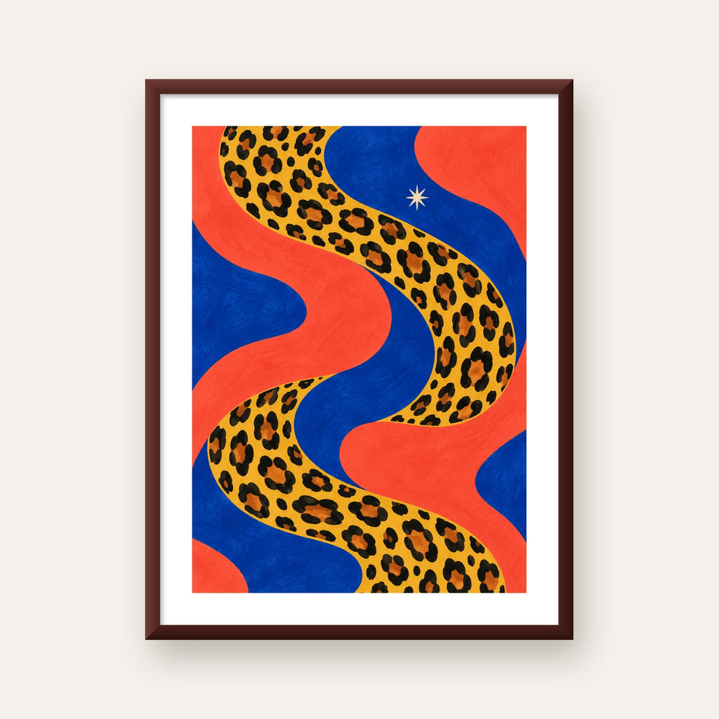 Leopar Desenli Abstrakt Yol Poster – Canlı Renkli Modern Sanat — ceviz çerçeveli paspartulu