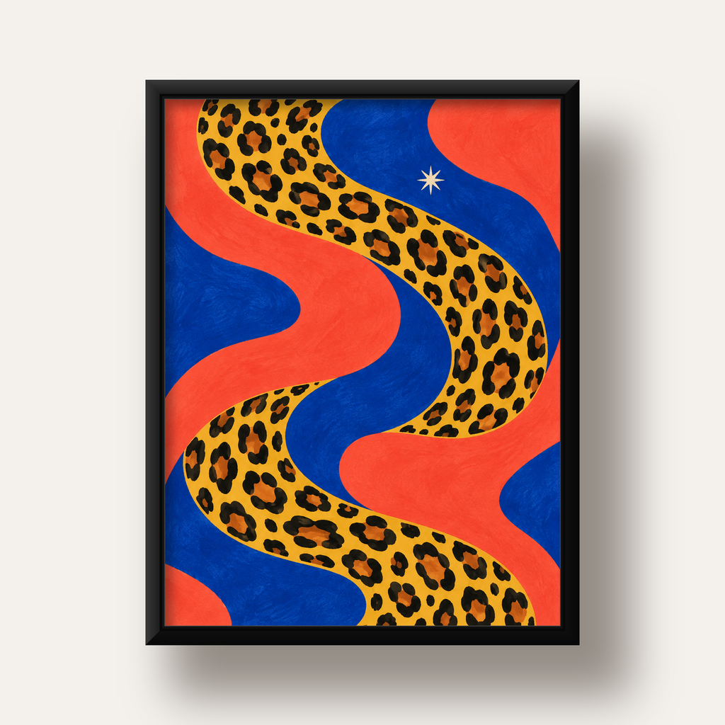 Leopar Desenli Abstrakt Yol Poster – Canlı Renkli Modern Sanat — siyah derin çerçeveli