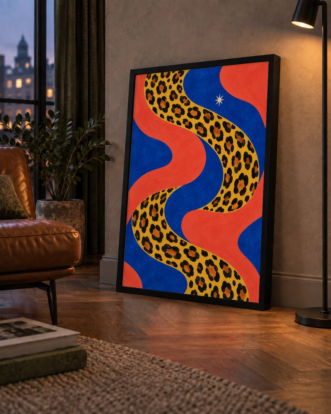 Leopar Desenli Abstrakt Yol Poster – Canlı Renkli Modern Sanat — çerçeveli hâliyle bir ev duvarında