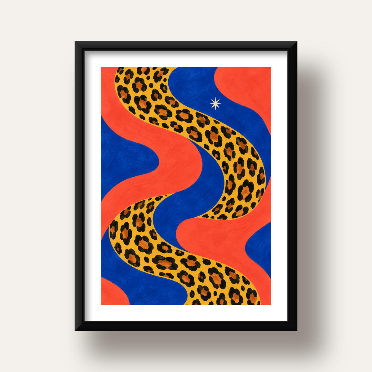 Leopar Desenli Abstrakt Yol Poster – Canlı Renkli Modern Sanat — siyah derin çerçeveli paspartulu