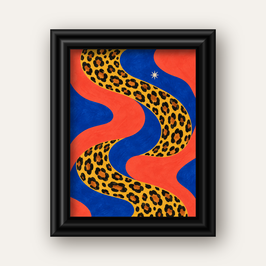 Leopar Desenli Abstrakt Yol Poster – Canlı Renkli Modern Sanat — siyah galeri çerçeveli