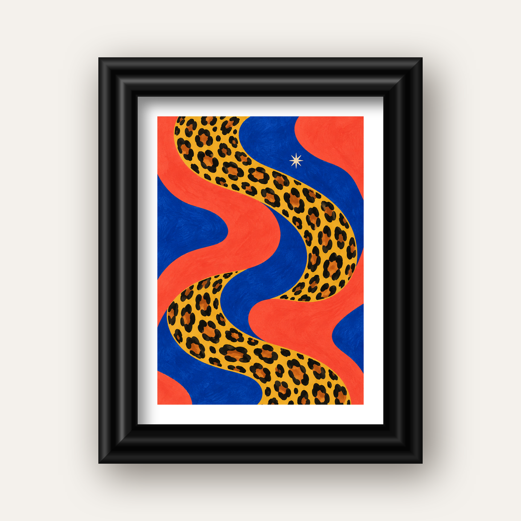 Leopar Desenli Abstrakt Yol Poster – Canlı Renkli Modern Sanat — siyah galeri çerçeveli paspartulu