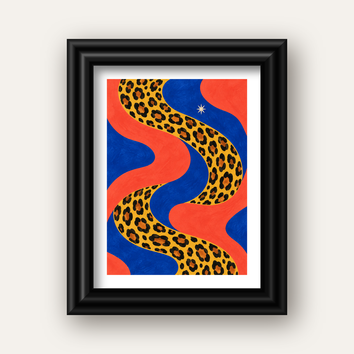 Leopar Desenli Abstrakt Yol Poster – Canlı Renkli Modern Sanat — siyah galeri çerçeveli paspartulu