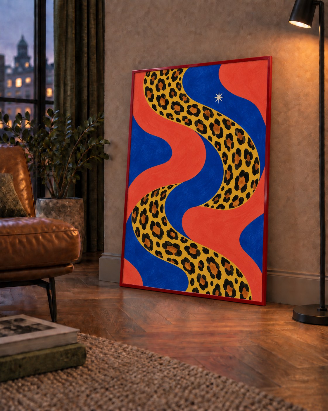Leopar Desenli Abstrakt Yol Poster – Canlı Renkli Modern Sanat — çerçeveli hâliyle bir ev duvarında