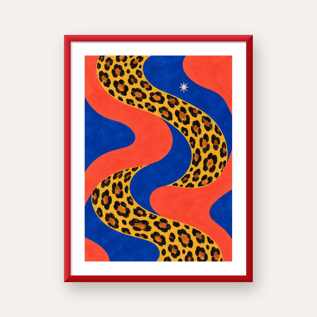 Leopar Desenli Abstrakt Yol Poster – Canlı Renkli Modern Sanat — kırmızı çerçeveli paspartulu