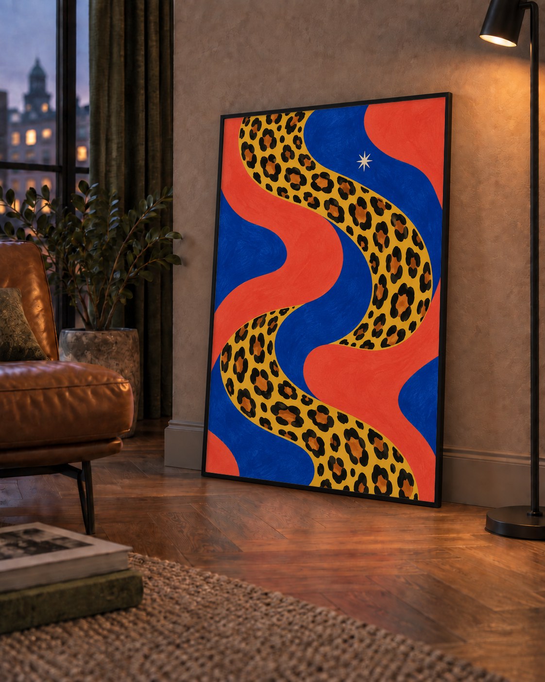 Leopar Desenli Abstrakt Yol Poster – Canlı Renkli Modern Sanat — çerçeveli hâliyle bir ev duvarında