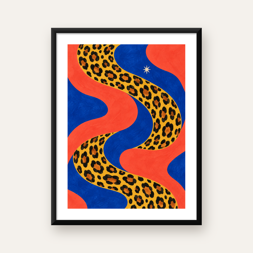 Leopar Desenli Abstrakt Yol Poster – Canlı Renkli Modern Sanat — Dikey baskı, beyaz paspartulu