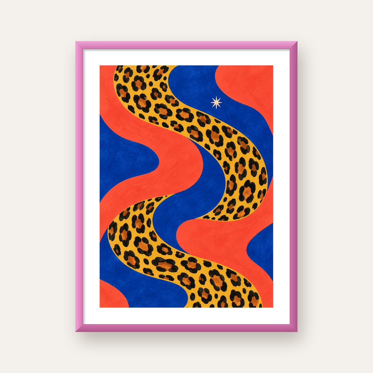 Leopar Desenli Abstrakt Yol Poster – Canlı Renkli Modern Sanat — pembe çerçeveli paspartulu