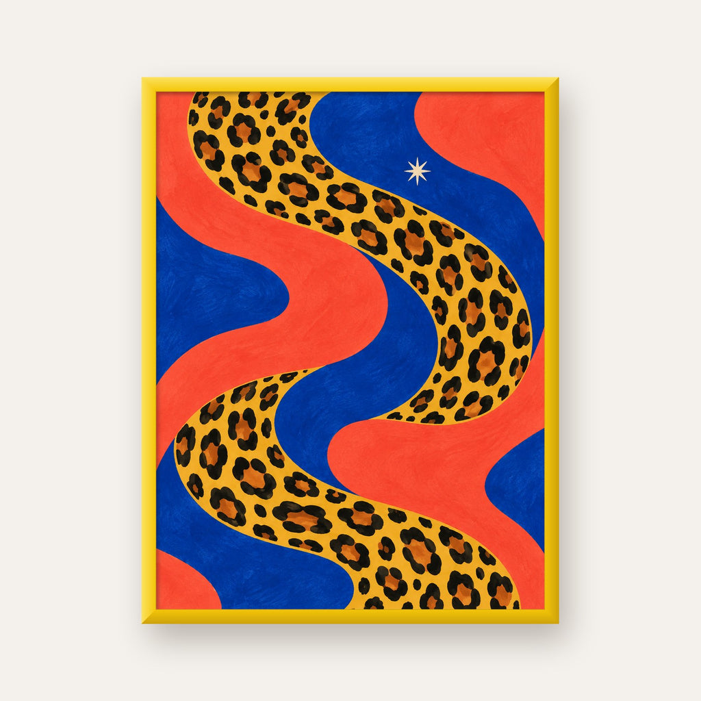 Leopar Desenli Abstrakt Yol Poster – Canlı Renkli Modern Sanat — sarı çerçeveli