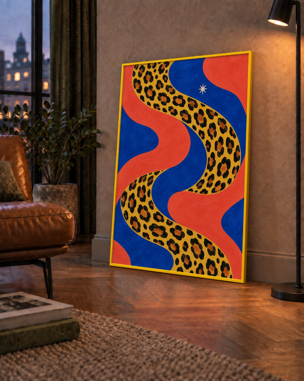 Leopar Desenli Abstrakt Yol Poster – Canlı Renkli Modern Sanat — çerçeveli hâliyle bir ev duvarında