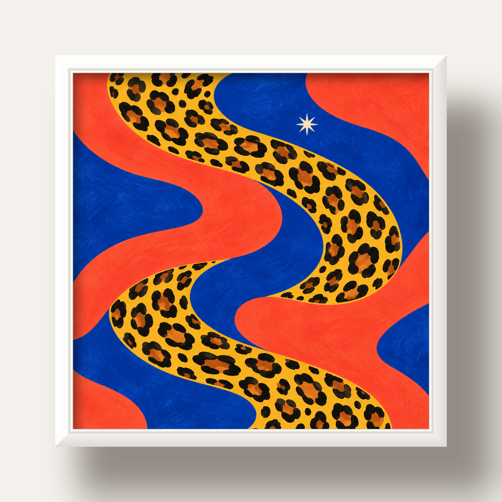Leopar Desenli Abstrakt Yol Poster – Canlı Renkli Modern Sanat — beyaz derin çerçeveli