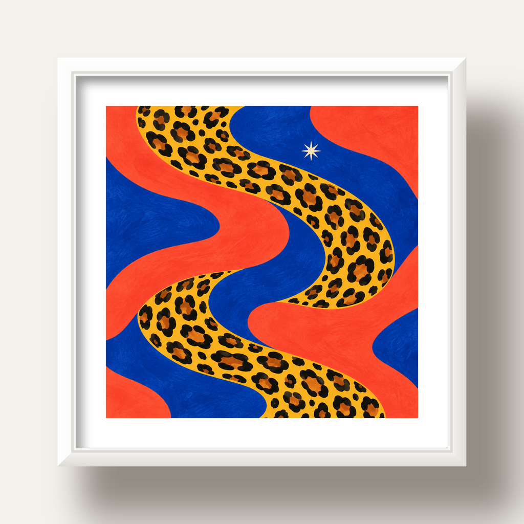 Leopar Desenli Abstrakt Yol Poster – Canlı Renkli Modern Sanat — beyaz derin çerçeveli paspartulu