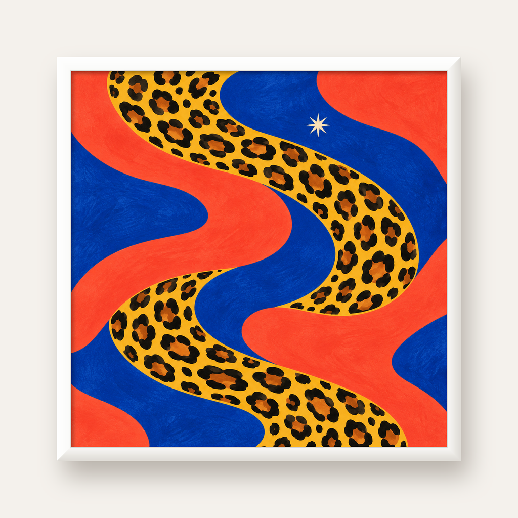 Leopar Desenli Abstrakt Yol Poster – Canlı Renkli Modern Sanat — beyaz çerçeveli kare poster