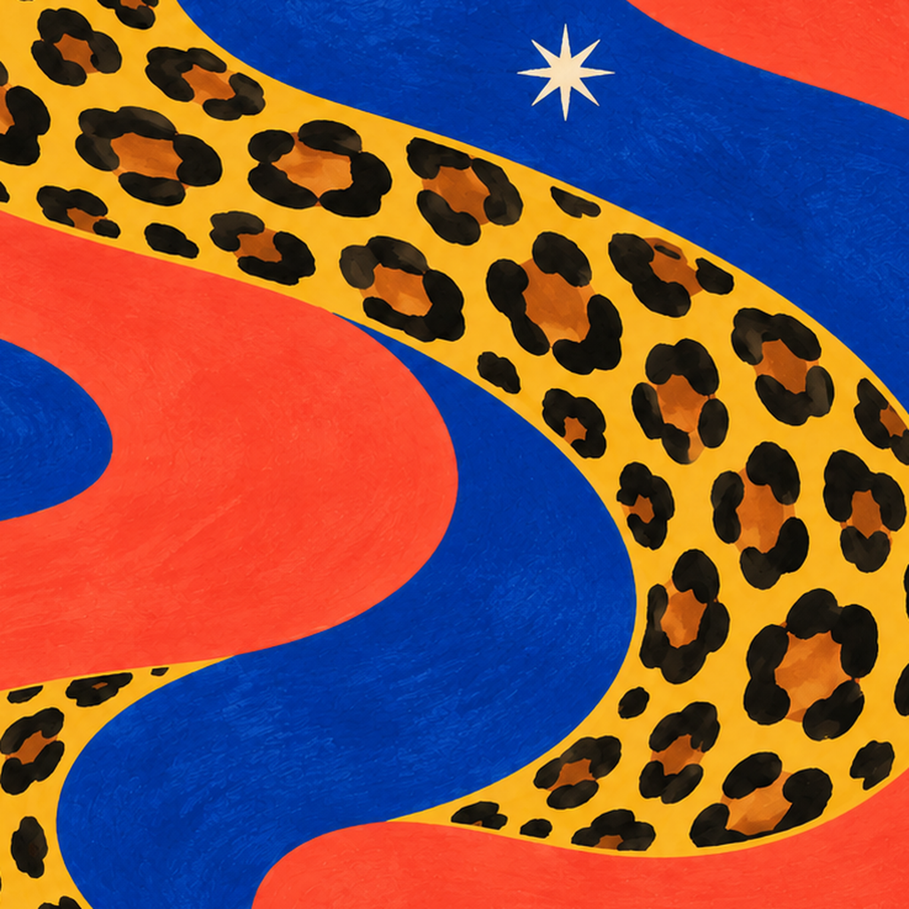 Leopar Desenli Abstrakt Yol Poster – Canlı Renkli Modern Sanat — baskının yakın çekimi, kâğıt dokusu ve renk detayı