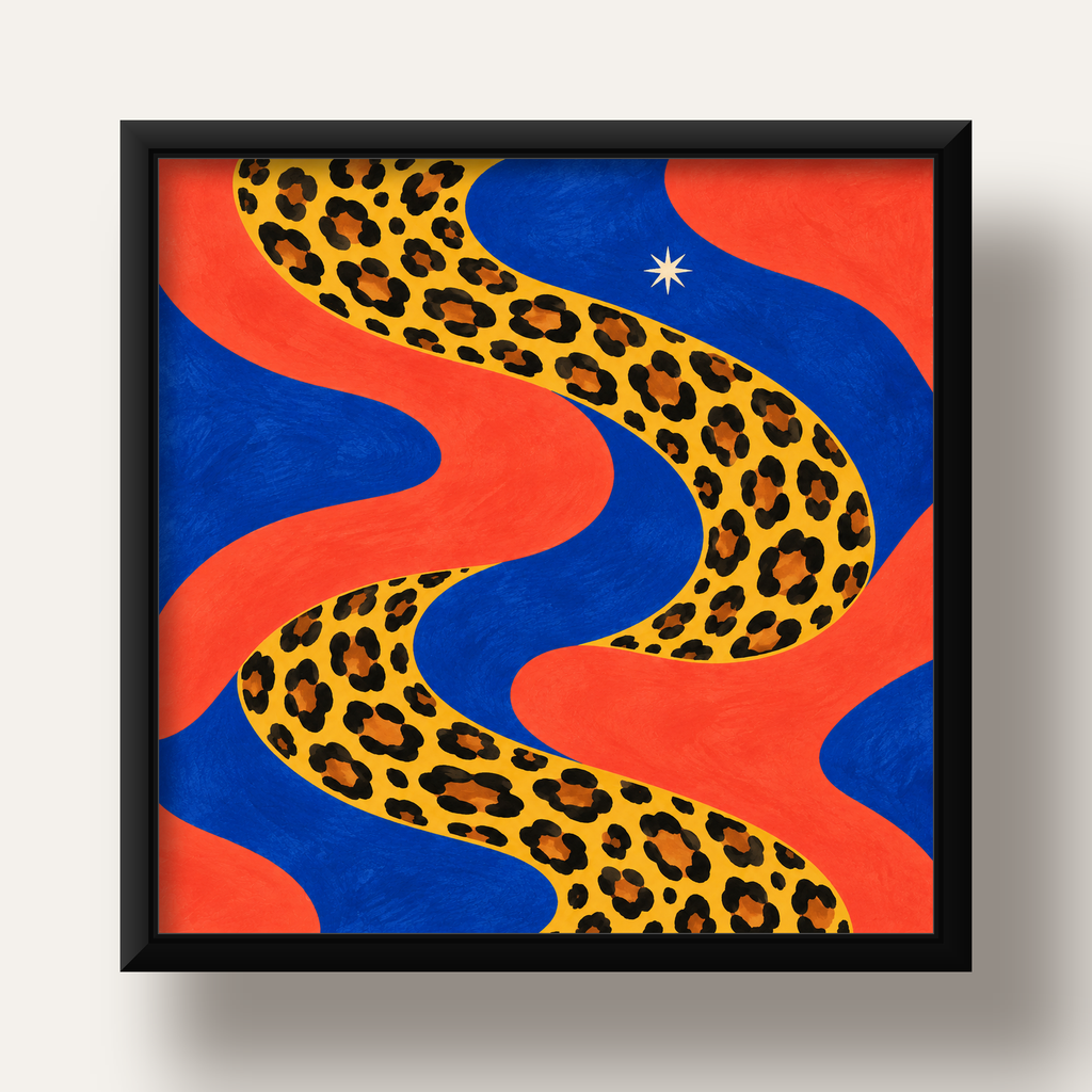 Leopar Desenli Abstrakt Yol Poster – Canlı Renkli Modern Sanat — siyah derin çerçeveli