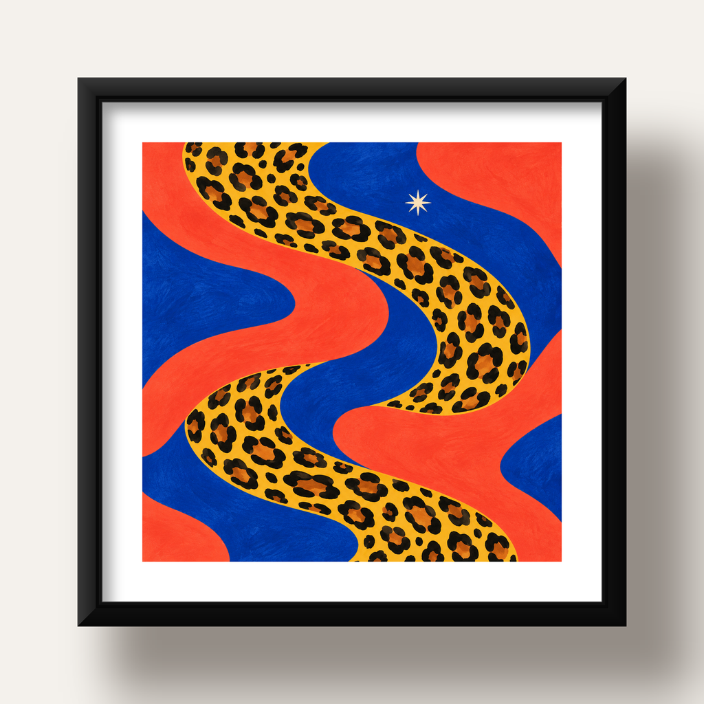 Leopar Desenli Abstrakt Yol Poster – Canlı Renkli Modern Sanat — siyah derin çerçeveli paspartulu