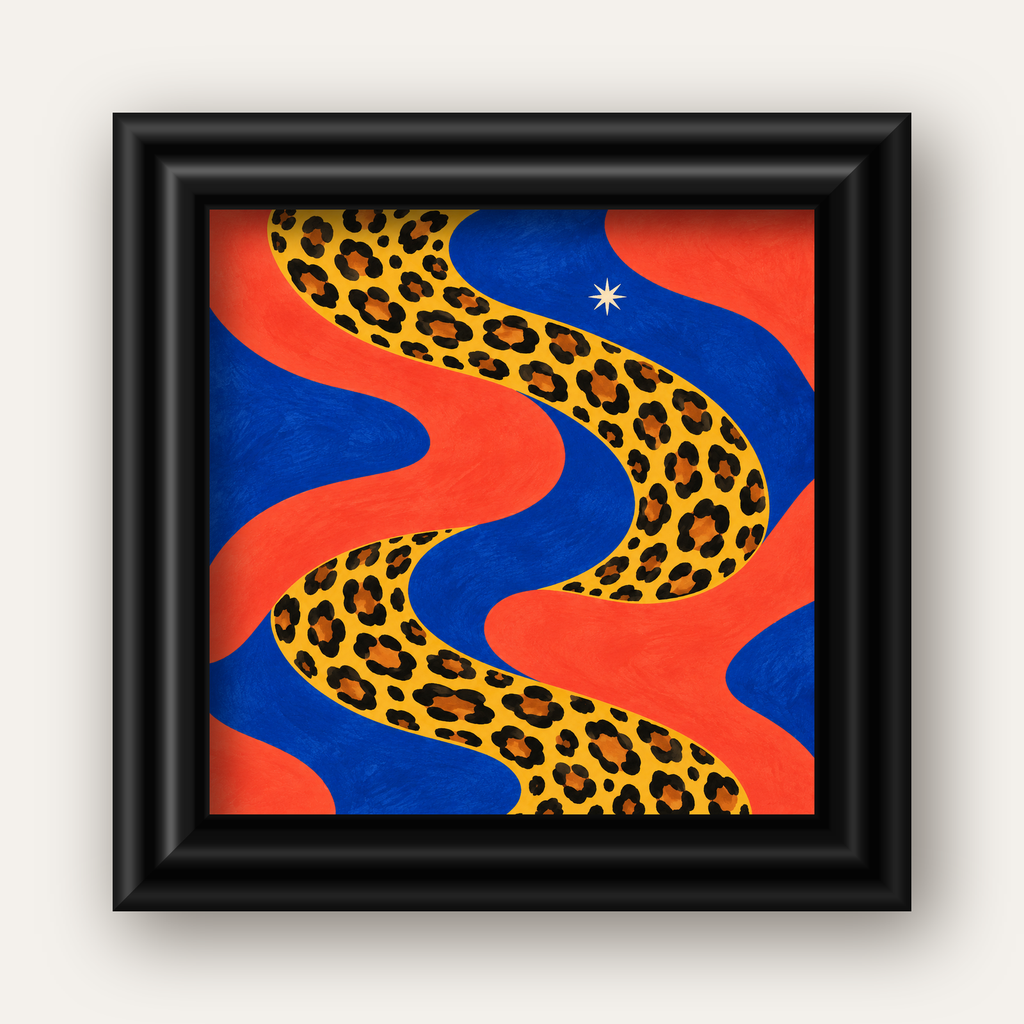 Leopar Desenli Abstrakt Yol Poster – Canlı Renkli Modern Sanat — siyah galeri çerçeveli