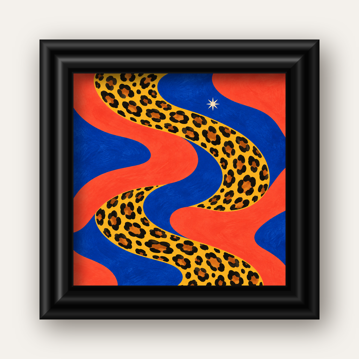 Leopar Desenli Abstrakt Yol Poster – Canlı Renkli Modern Sanat — siyah galeri çerçeveli