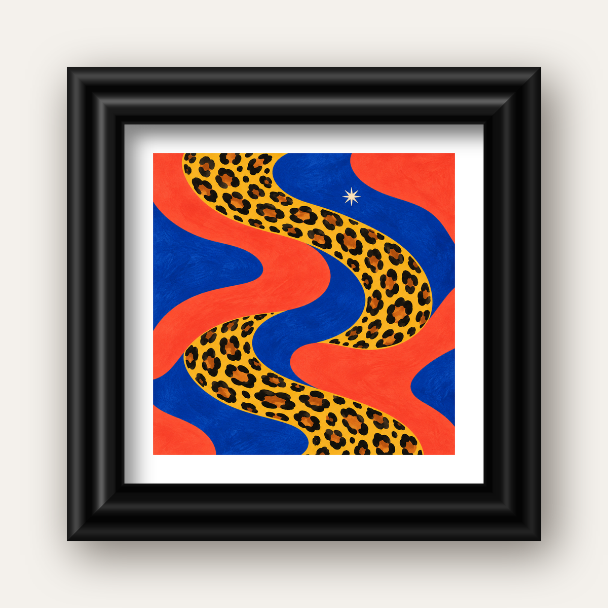 Leopar Desenli Abstrakt Yol Poster – Canlı Renkli Modern Sanat — siyah galeri çerçeveli paspartulu