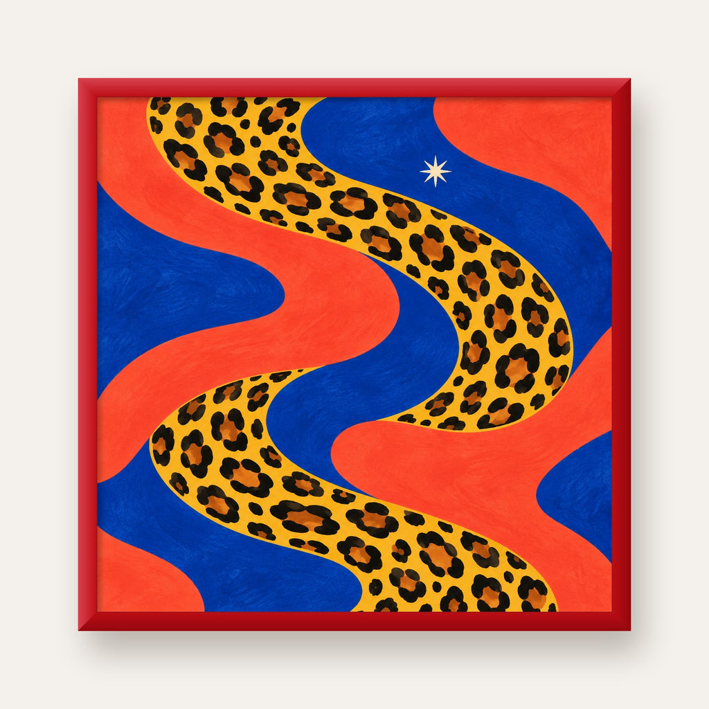 Leopar Desenli Abstrakt Yol Poster – Canlı Renkli Modern Sanat — kırmızı çerçeveli