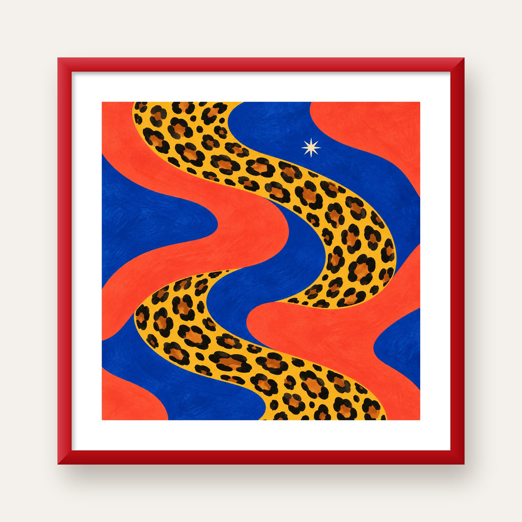 Leopar Desenli Abstrakt Yol Poster – Canlı Renkli Modern Sanat — kırmızı çerçeveli paspartulu