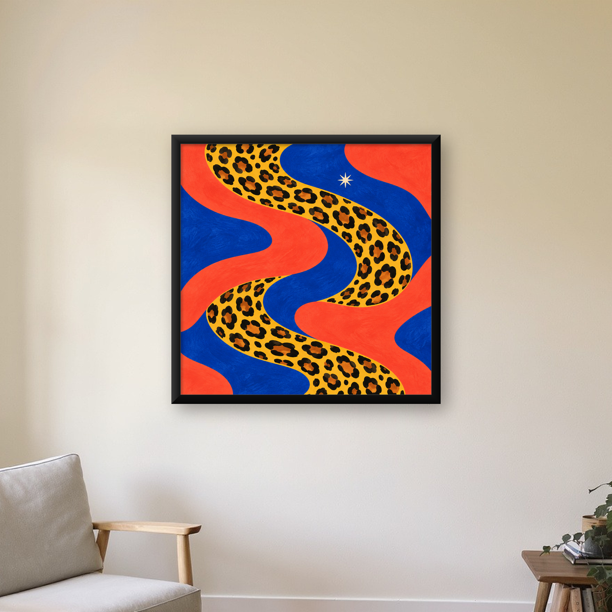 Leopar Desenli Abstrakt Yol Poster – Canlı Renkli Modern Sanat — Kare baskı, çerçeveli hâliyle bir ev duvarında