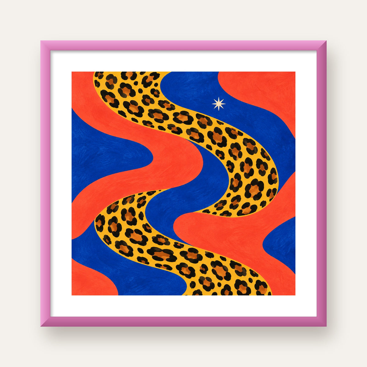 Leopar Desenli Abstrakt Yol Poster – Canlı Renkli Modern Sanat — pembe çerçeveli paspartulu