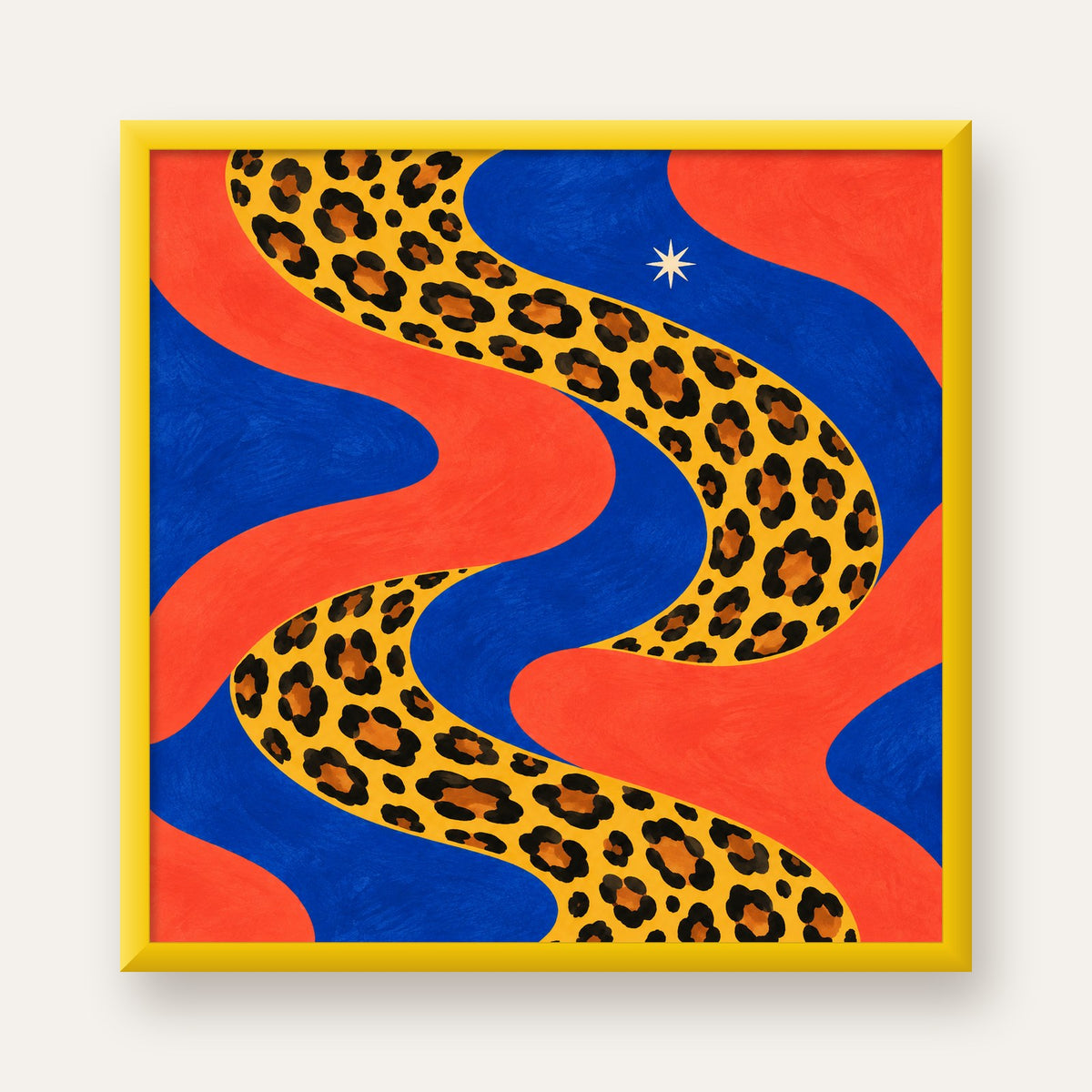 Leopar Desenli Abstrakt Yol Poster – Canlı Renkli Modern Sanat — sarı çerçeveli