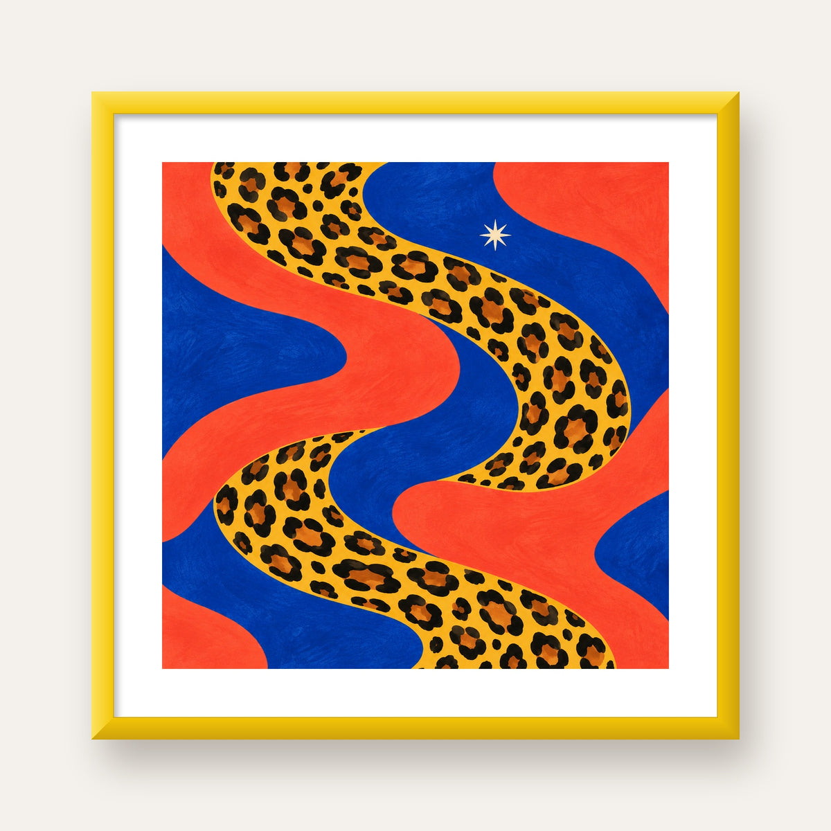Leopar Desenli Abstrakt Yol Poster – Canlı Renkli Modern Sanat — sarı çerçeveli paspartulu